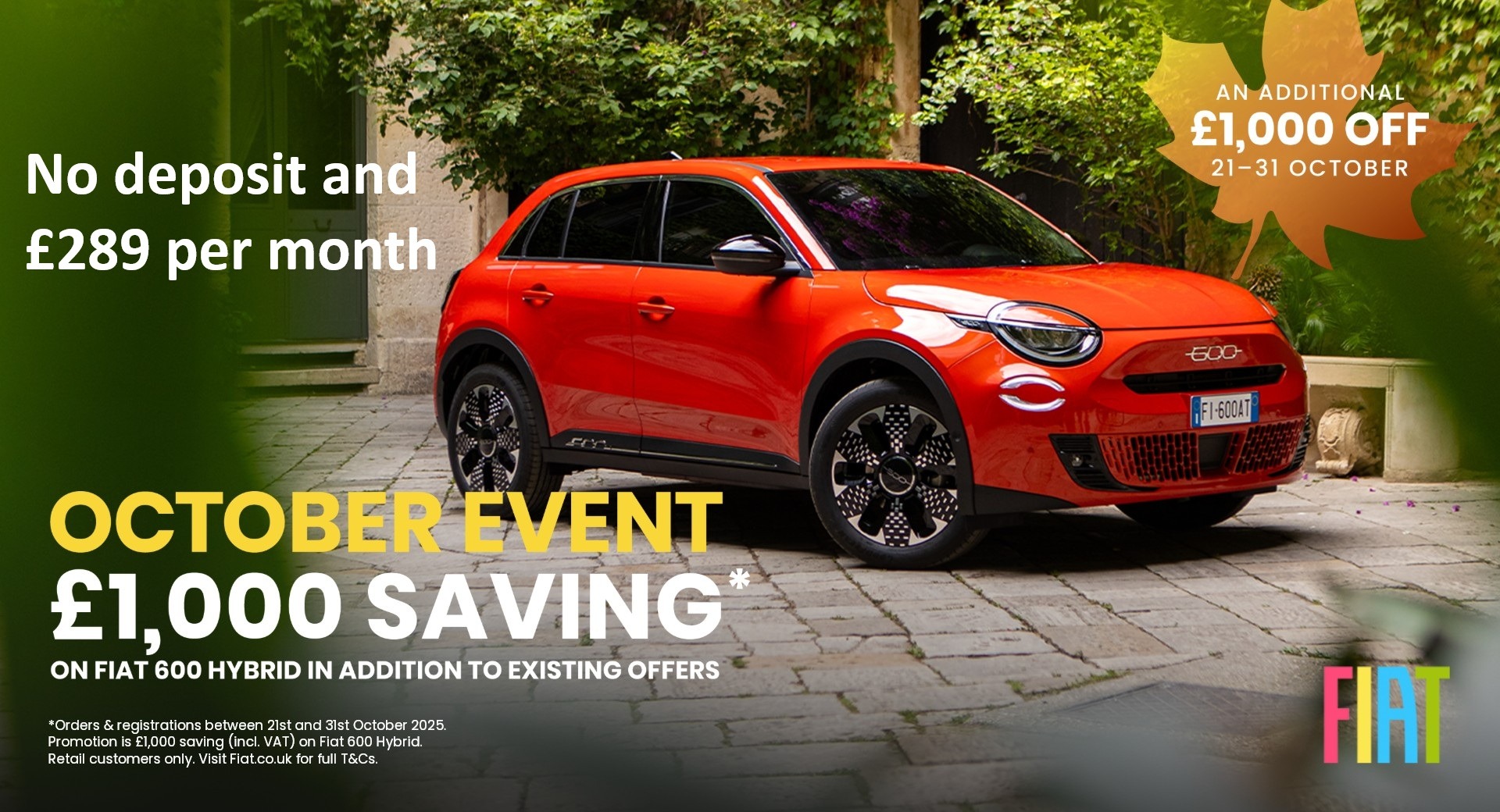 Fiat 600 October Offer - No deposit, £289 per month!